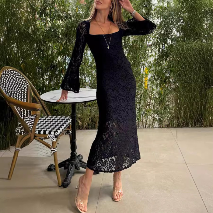 Sexy Slim Hollow Out Flare Sleeve Lace Beach Dress ✨