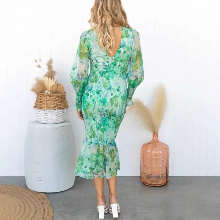 Fashionable Floral Print Pleated Waist Midi Dress ✨