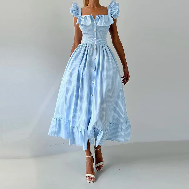 Elegant Blue Striped Ruffled Square Neck Maxi Dress ✨
