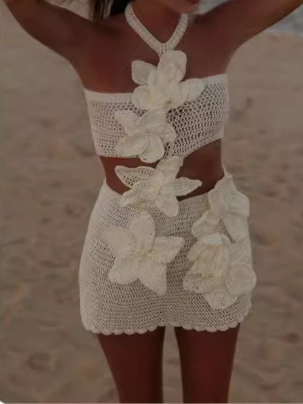 Sexy Knit 3D Flower Halter Beach Mini Dress ✨