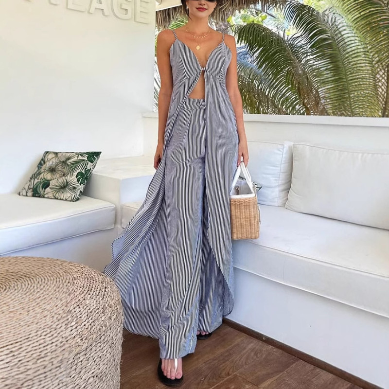 Striped Print Sleeveless Long Casual Top and Loose Straight Pants Set