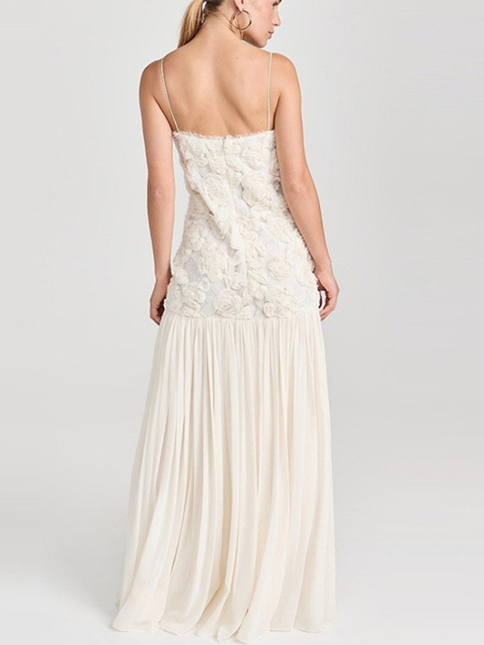 Elegant 3D Flower Patchwork Pleated Backless Maxi Dress ✨