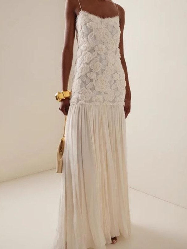 Elegant 3D Flower Patchwork Pleated Backless Maxi Dress ✨
