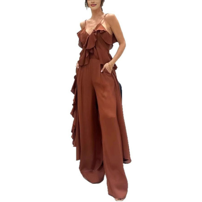 Chiffon Frill 2-Piece Set: V-Neck Split Top & Wide-Leg Trousers ✨