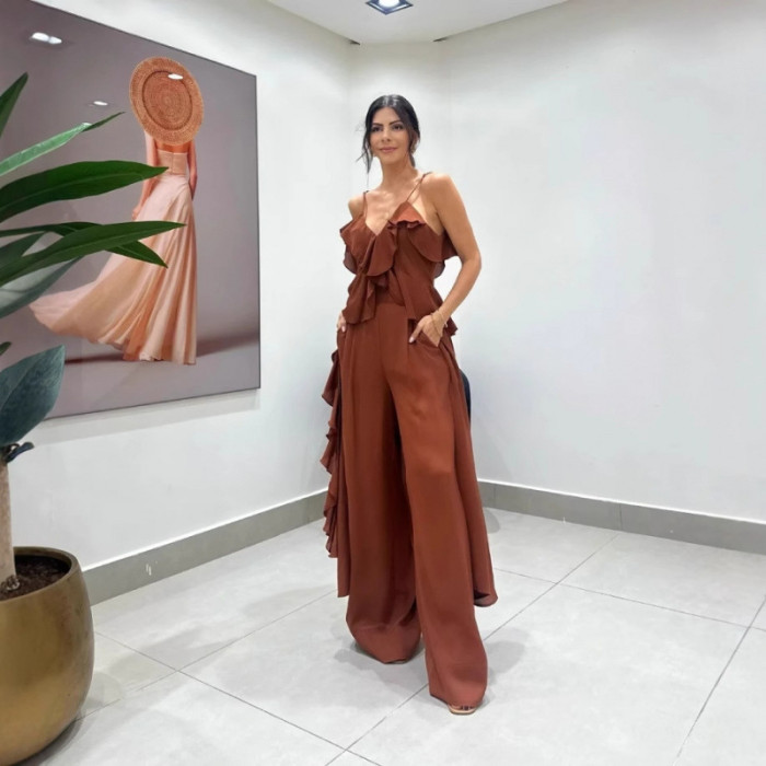 Chiffon Frill 2-Piece Set: V-Neck Split Top & Wide-Leg Trousers ✨