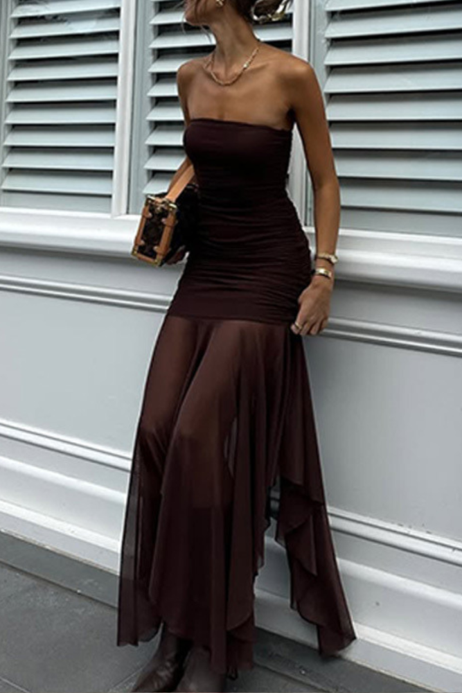 Elegant Mesh Splicing Strapless Pleated Tube Dress ✨