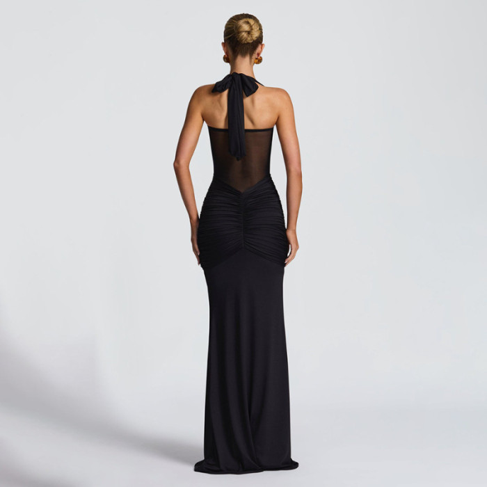 Sexy Mesh Splice Strapless Hanging Neck Maxi Dress ✨