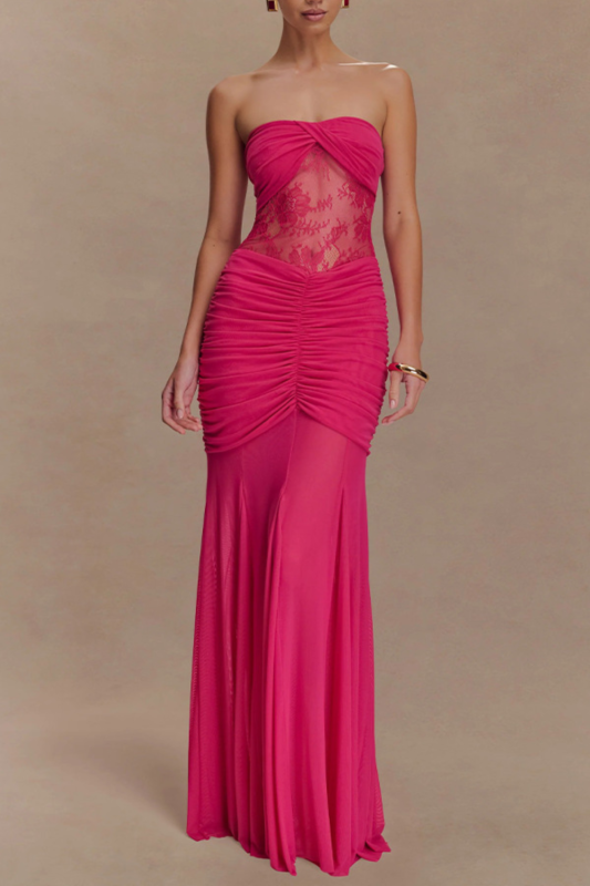 Sexy Strapless Lace Spliced Irregular Evening Gown ✨