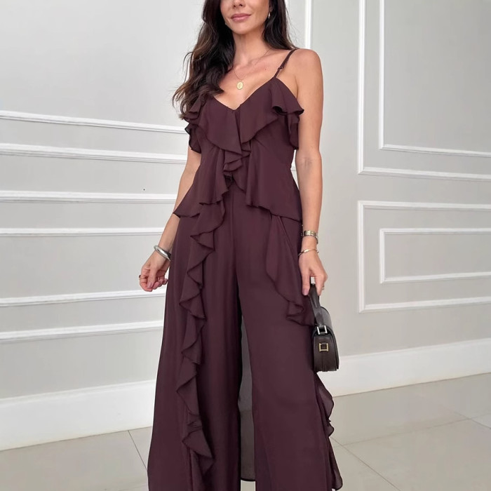 Chiffon Frill 2-Piece Set: V-Neck Split Top & Wide-Leg Trousers ✨