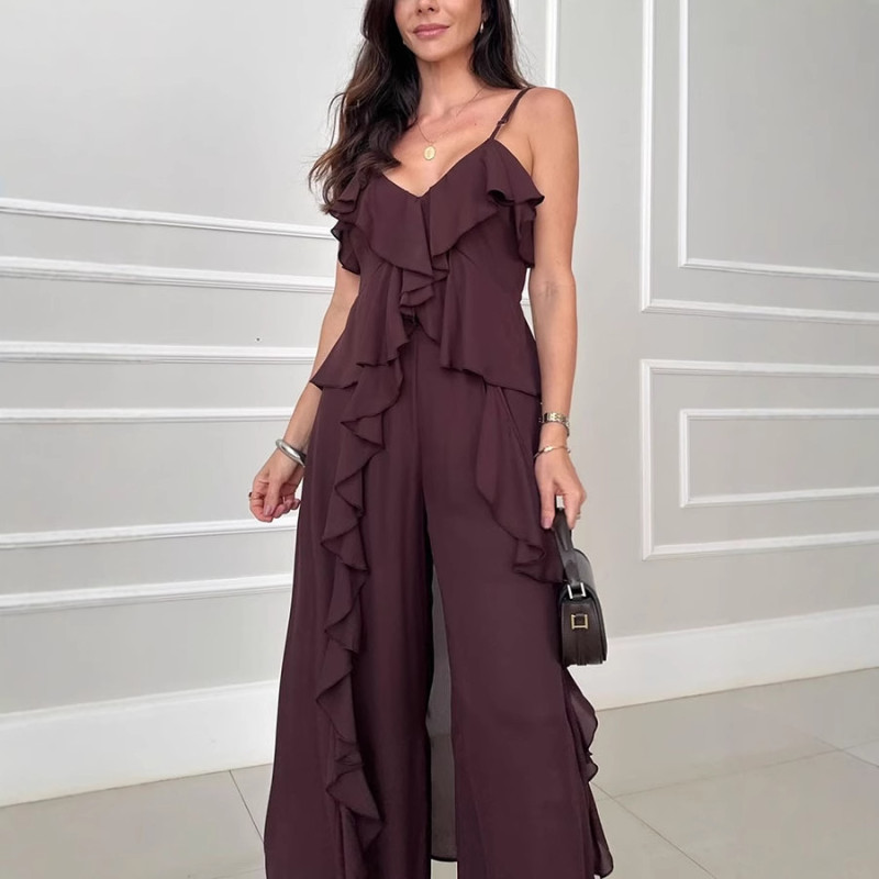 Chiffon Frill 2-Piece Set: V-Neck Split Top & Wide-Leg Trousers ✨