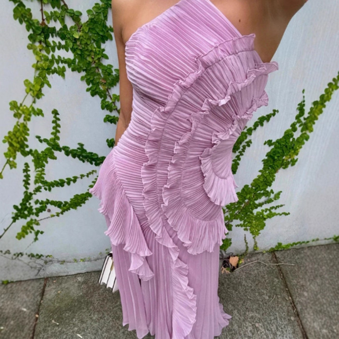 Chic Purple Pleated Halter Lotus Edge Maxi Dress ✨