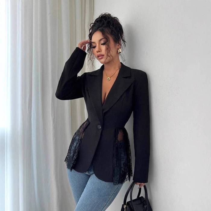 Chic Contrast Lace Waist Slimming A-Line Blazer ✨