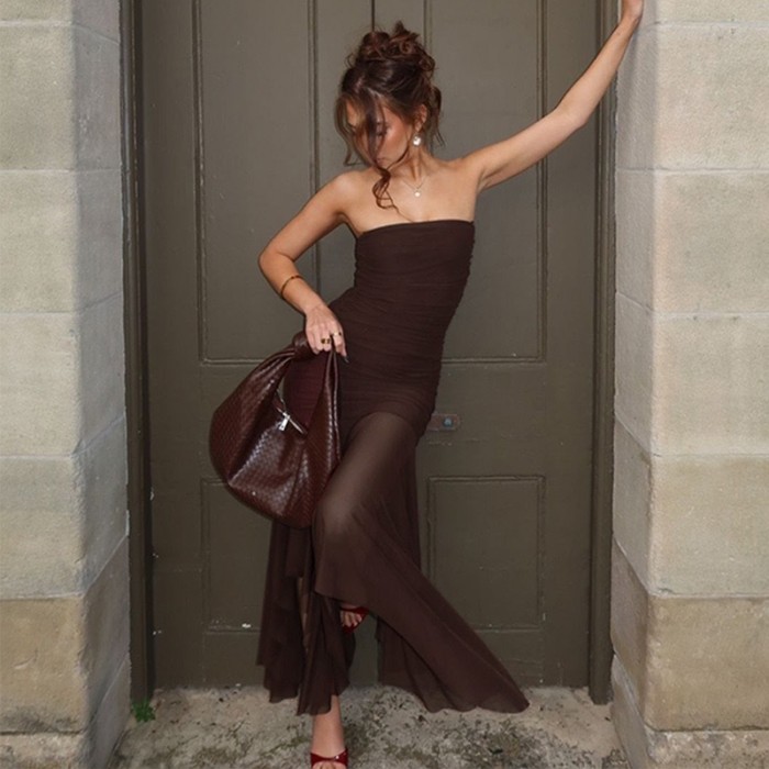 Elegant Mesh Splicing Strapless Pleated Tube Dress ✨