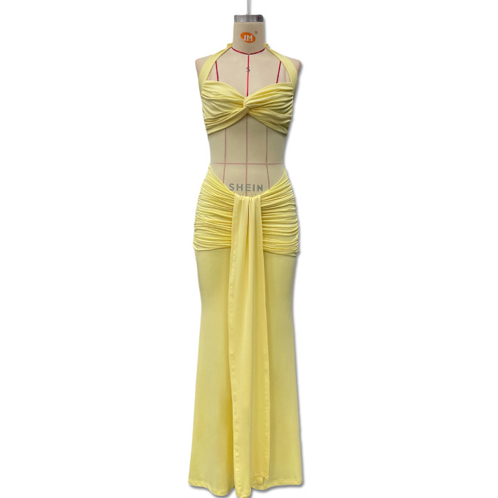 Sexy Mesh Splice Strapless Hanging Neck Maxi Dress ✨