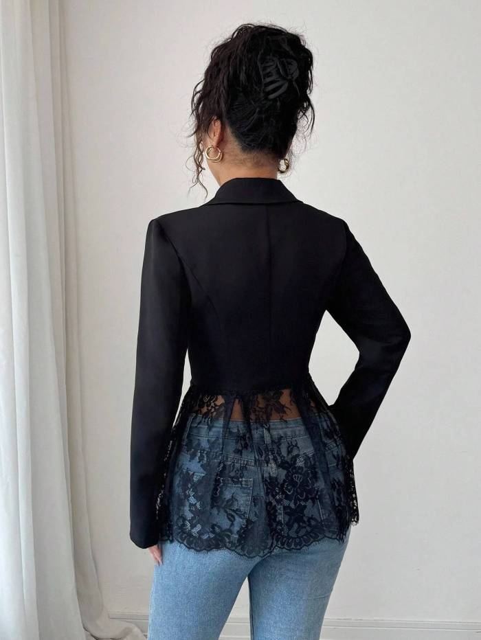 Chic Contrast Lace Waist Slimming A-Line Blazer ✨