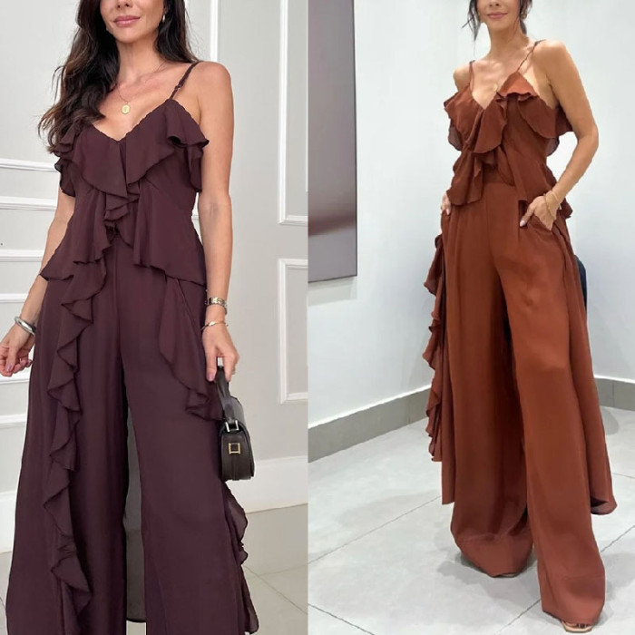 Chiffon Frill 2-Piece Set: V-Neck Split Top & Wide-Leg Trousers ✨