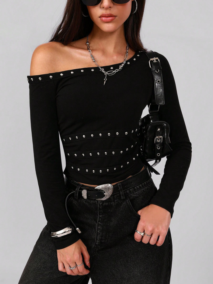 Irregular Slanted Shoulder Rivet Slim Fit Tee ✨