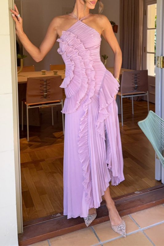 Chic Purple Pleated Halter Lotus Edge Maxi Dress ✨