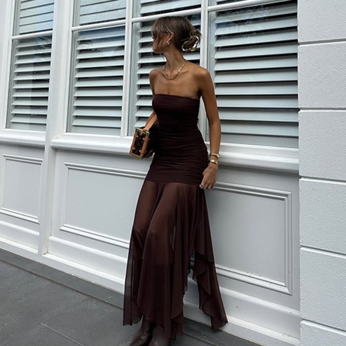 Elegant Mesh Splicing Strapless Pleated Tube Dress ✨