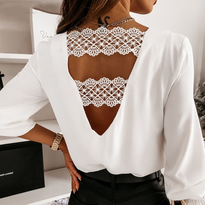 Chic Hollow Lace V-Neck Long Sleeve Blouse ✨