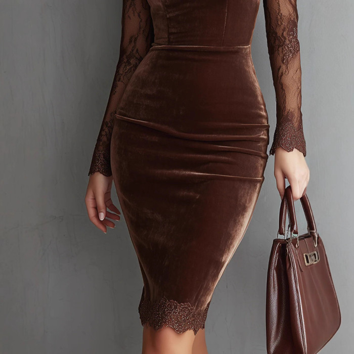 ✨Vintage Lace See-through Sleeve Velvet Dress | Women's Elegant High Waist Slim Party Dress✨