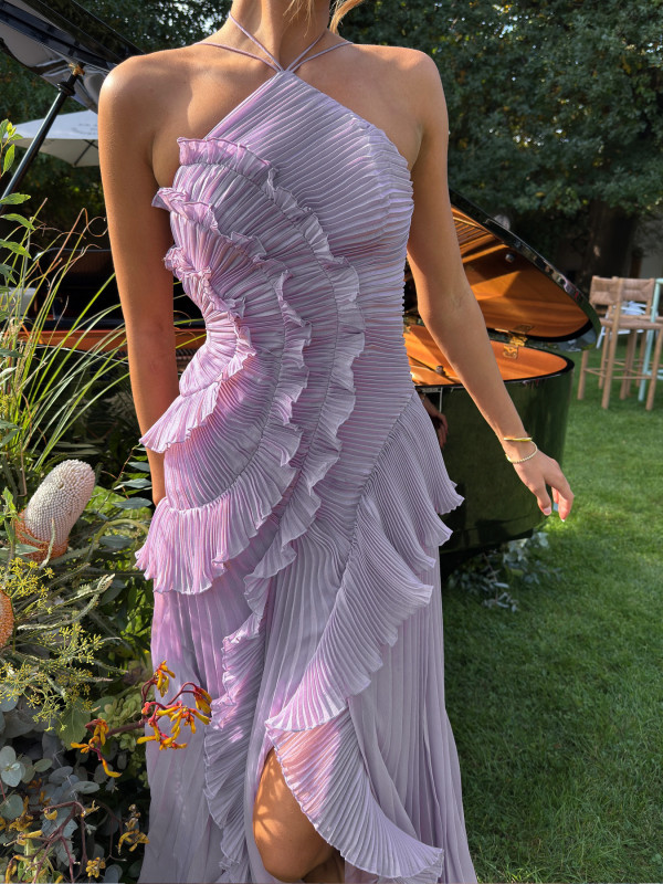 Chic Purple Pleated Halter Lotus Edge Maxi Dress ✨