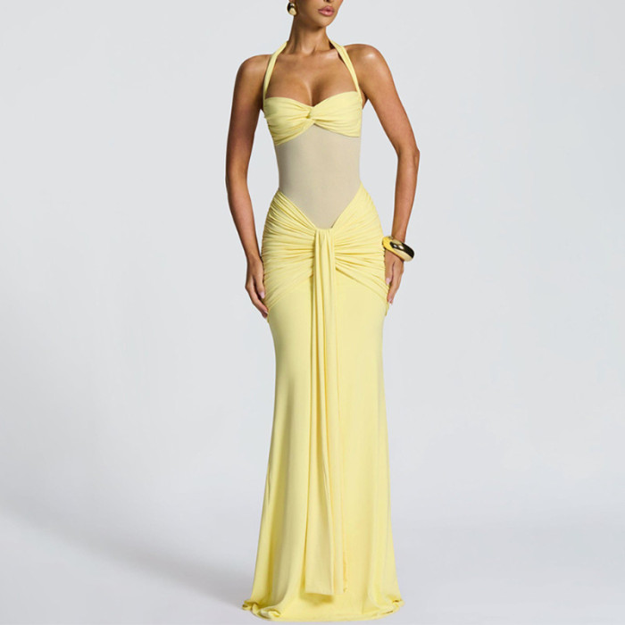 Sexy Mesh Splice Strapless Hanging Neck Maxi Dress ✨
