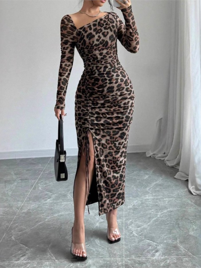 Sexy Leopard Print Drawstring Split Maxi Dress ✨