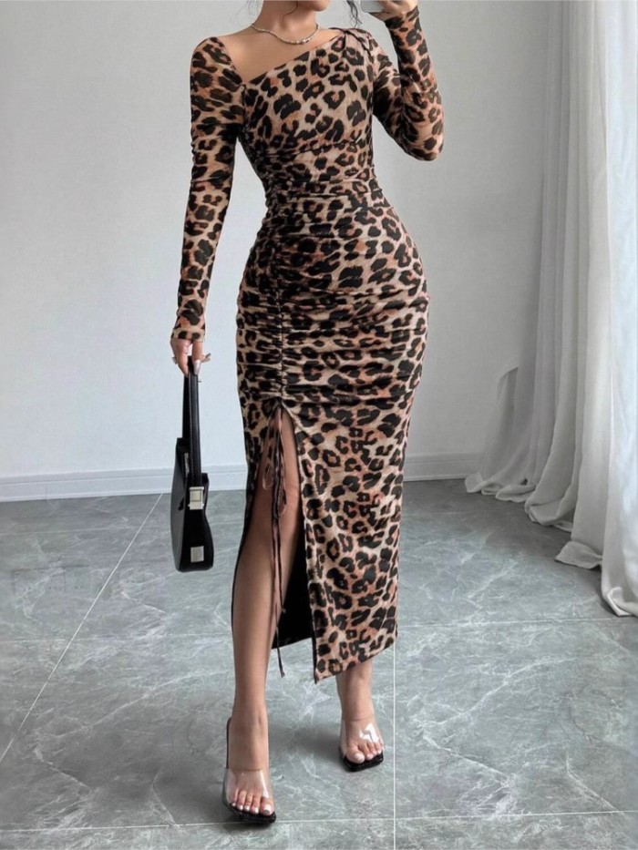 Sexy Leopard Print Drawstring Split Maxi Dress ✨