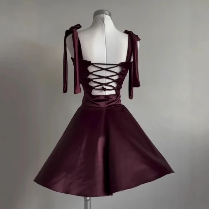 Sexy Burgundy Mini Dress with Square Neck & Ruffle Ties ✨