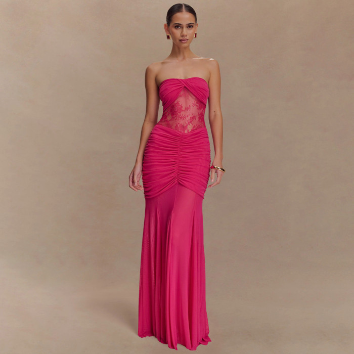 Sexy Strapless Lace Spliced Irregular Evening Gown ✨