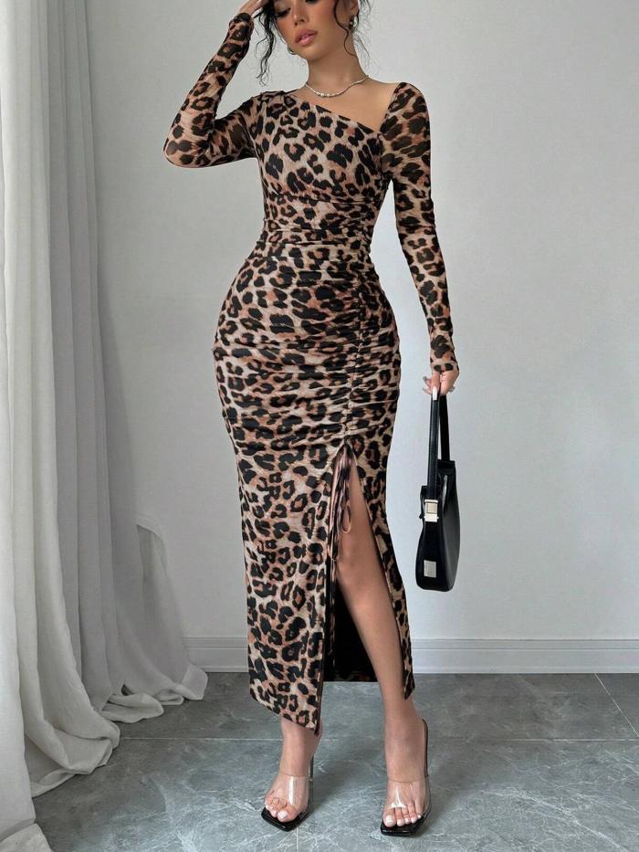 Sexy Leopard Print Drawstring Split Maxi Dress ✨