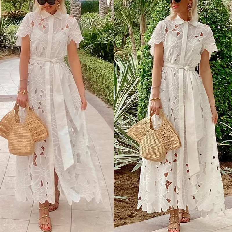 Elegant White Lace Crochet Belted Shirt Dress ✨