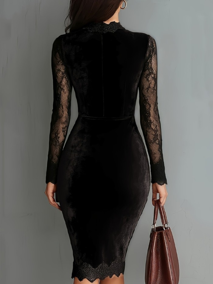 ✨Vintage Lace See-through Sleeve Velvet Dress | Women's Elegant High Waist Slim Party Dress✨