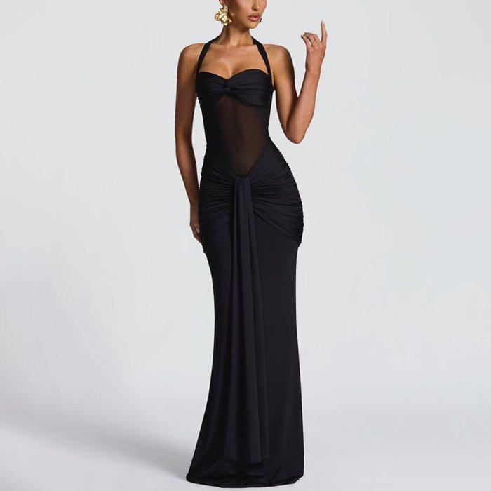 Sexy Mesh Splice Strapless Hanging Neck Maxi Dress ✨