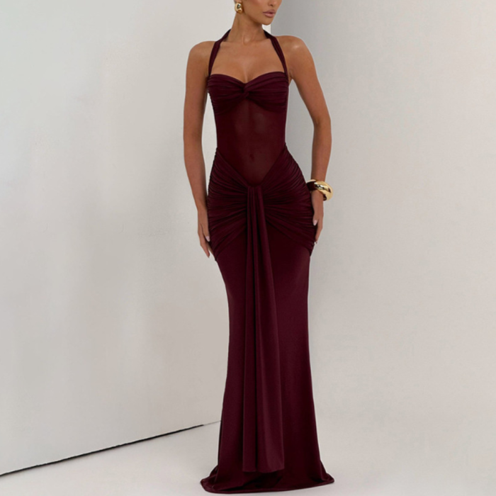 Sexy Mesh Splice Strapless Hanging Neck Maxi Dress ✨