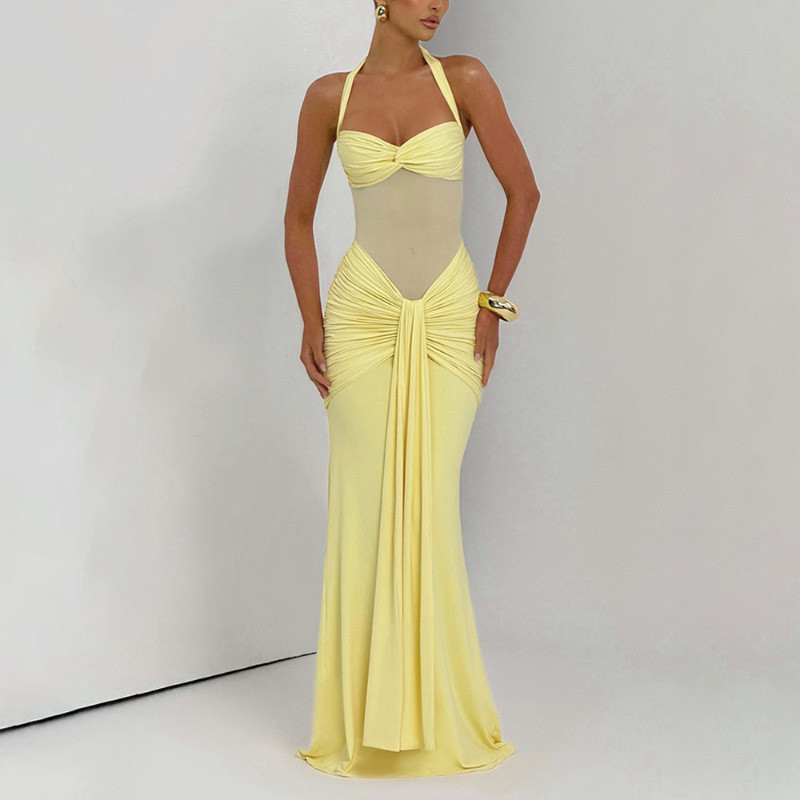 Sexy Mesh Splice Strapless Hanging Neck Maxi Dress ✨