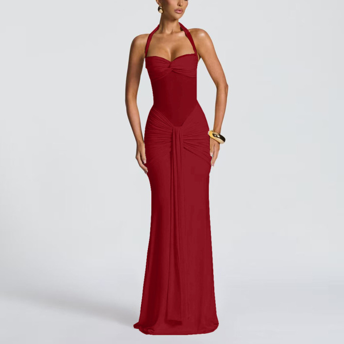 Sexy Mesh Splice Strapless Hanging Neck Maxi Dress ✨