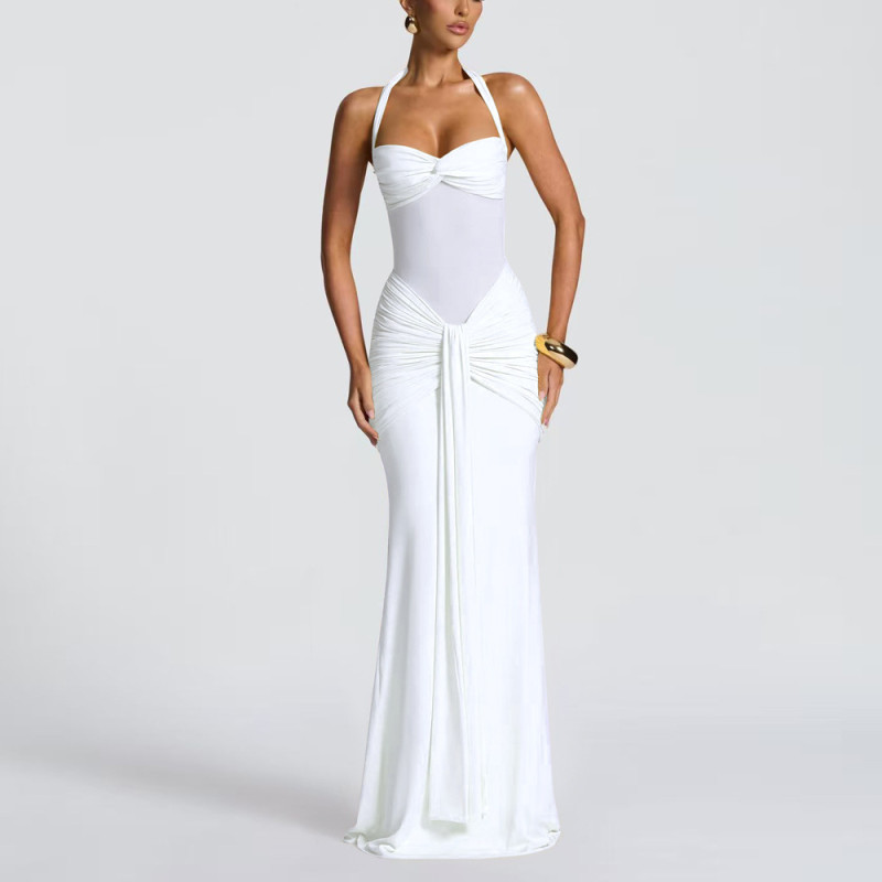 Sexy Mesh Splice Strapless Hanging Neck Maxi Dress ✨
