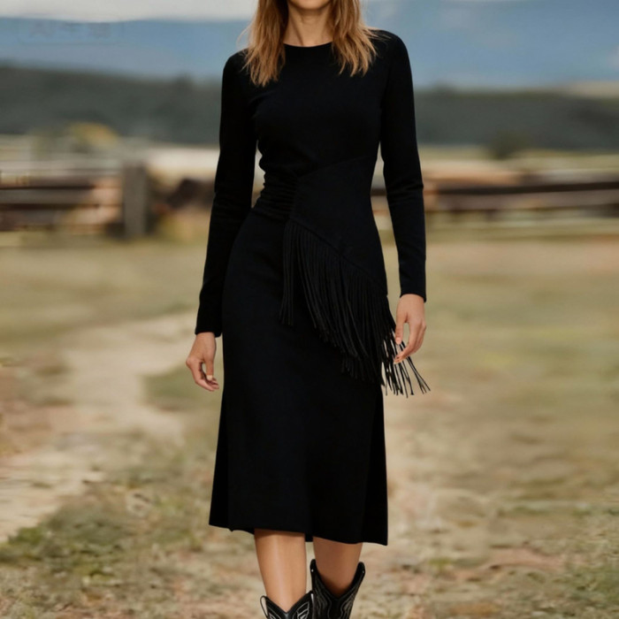 Retro Western Suede Tassel Split Midi Dress ✨