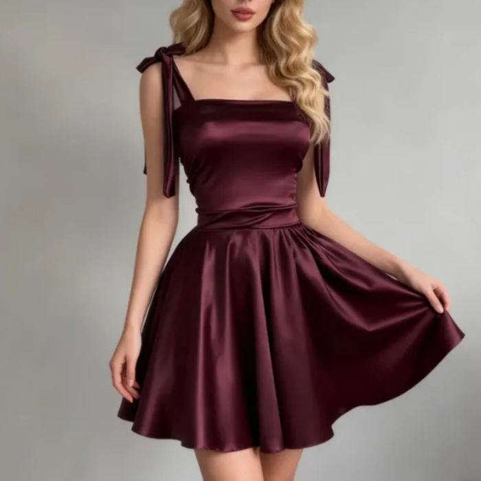 Sexy Burgundy Mini Dress with Square Neck & Ruffle Ties ✨