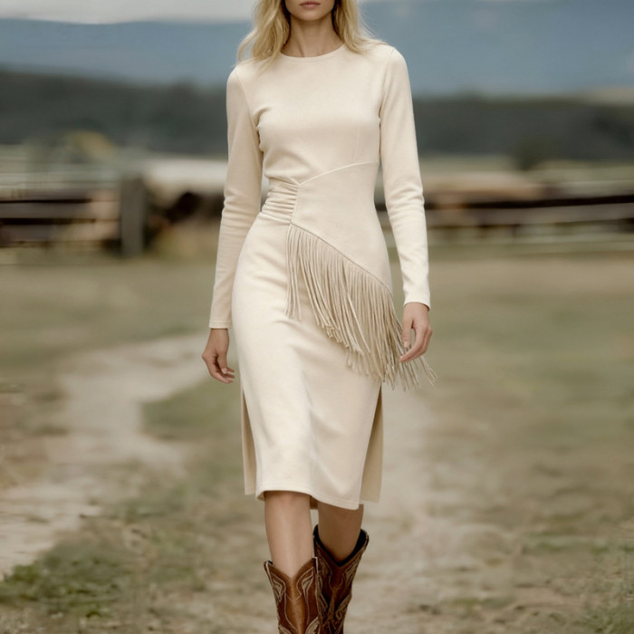 Retro Western Suede Tassel Split Midi Dress ✨