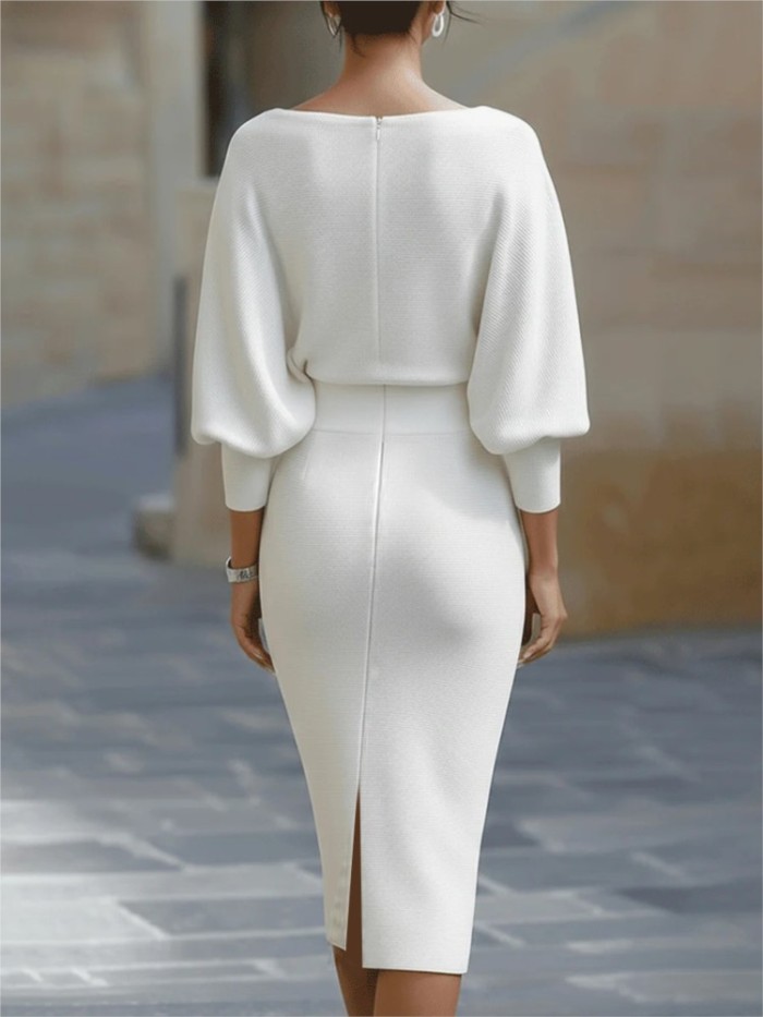 Elegant Bat Sleeve Boat Collar Split Midi Dress ✨