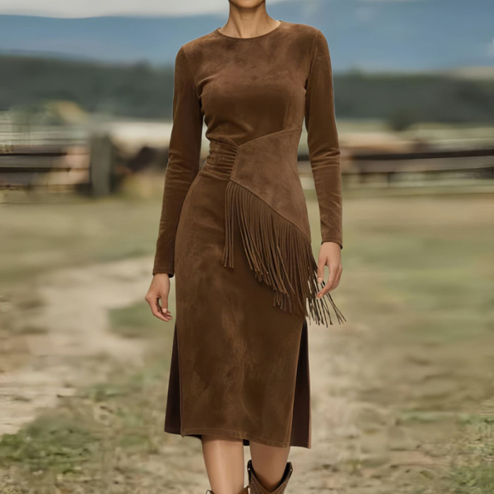 Retro Western Suede Tassel Split Midi Dress ✨