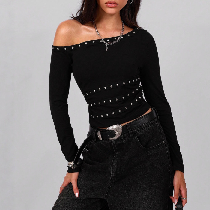 Irregular Slanted Shoulder Rivet Slim Fit Tee ✨