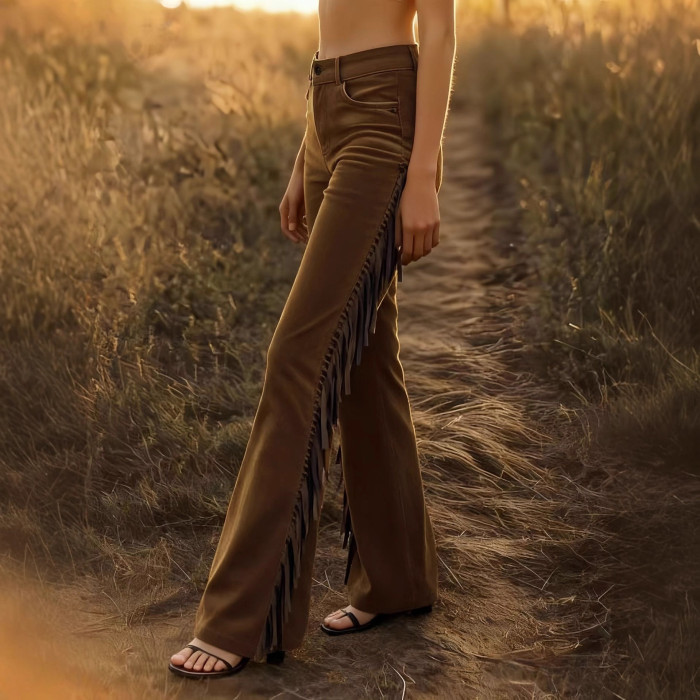 Retro Western Tassel Suede Flared Pants ✨