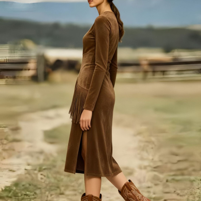 Retro Western Suede Tassel Split Midi Dress ✨