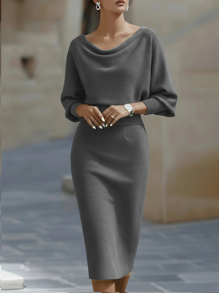 Elegant Bat Sleeve Boat Collar Split Midi Dress ✨
