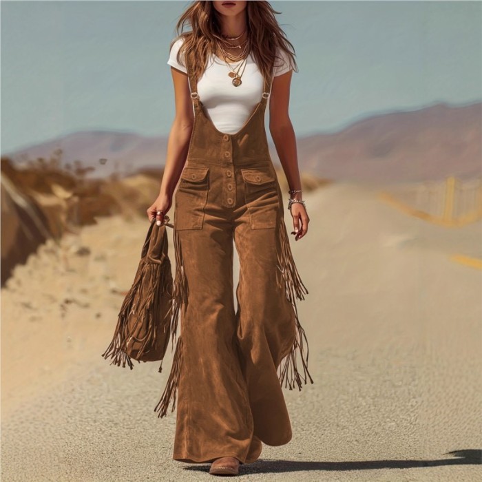 Western Vintage Suede Tassel Hollow Out Jumpsuit ✨