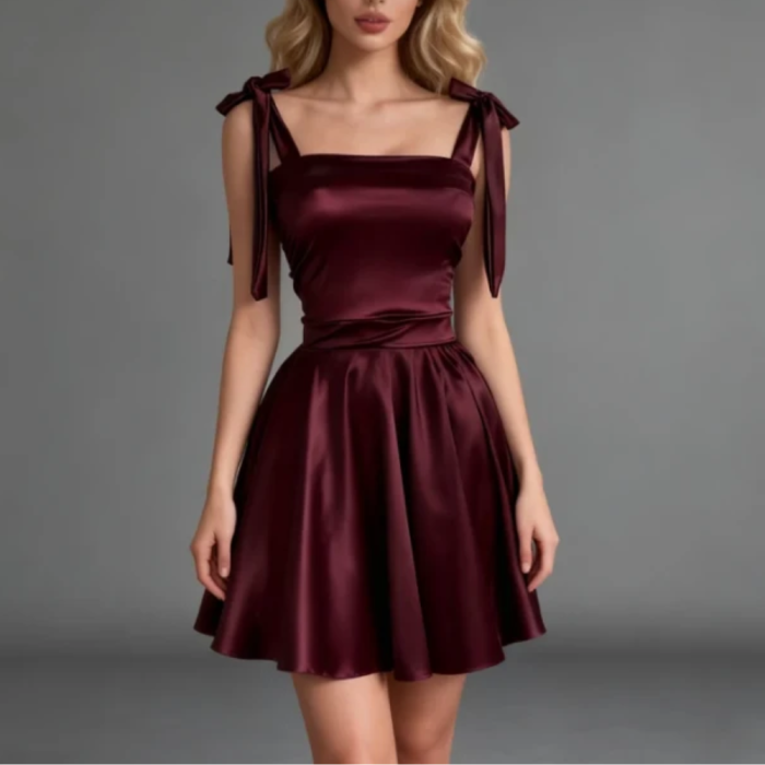 Sexy Burgundy Mini Dress with Square Neck & Ruffle Ties ✨